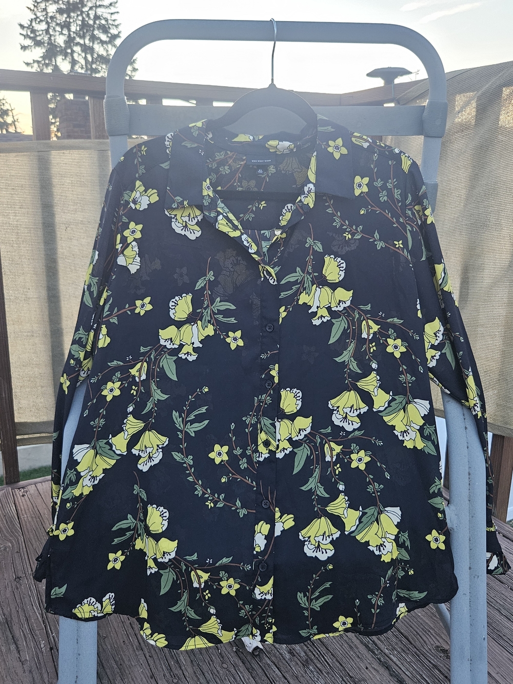 Who What Wear Black Button-Down Shirt with Yellow Floral Print